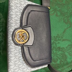 Michael Kors Black Pebbled Leather & Gray Monogram Crossbody with Gold Logo